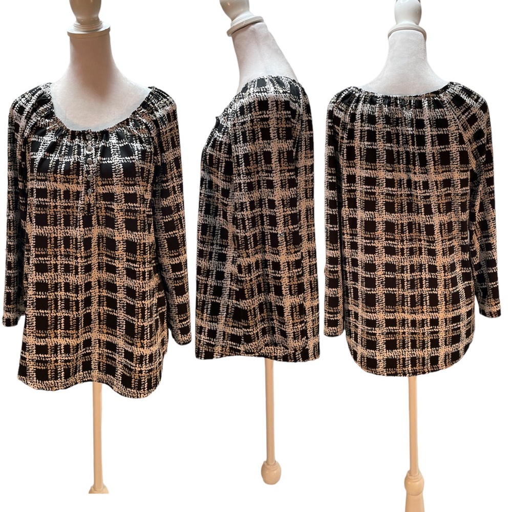 Notations Black, White & Tan Print 3/4 Sleeve Elastic Scoop Neck Blouse Size PL